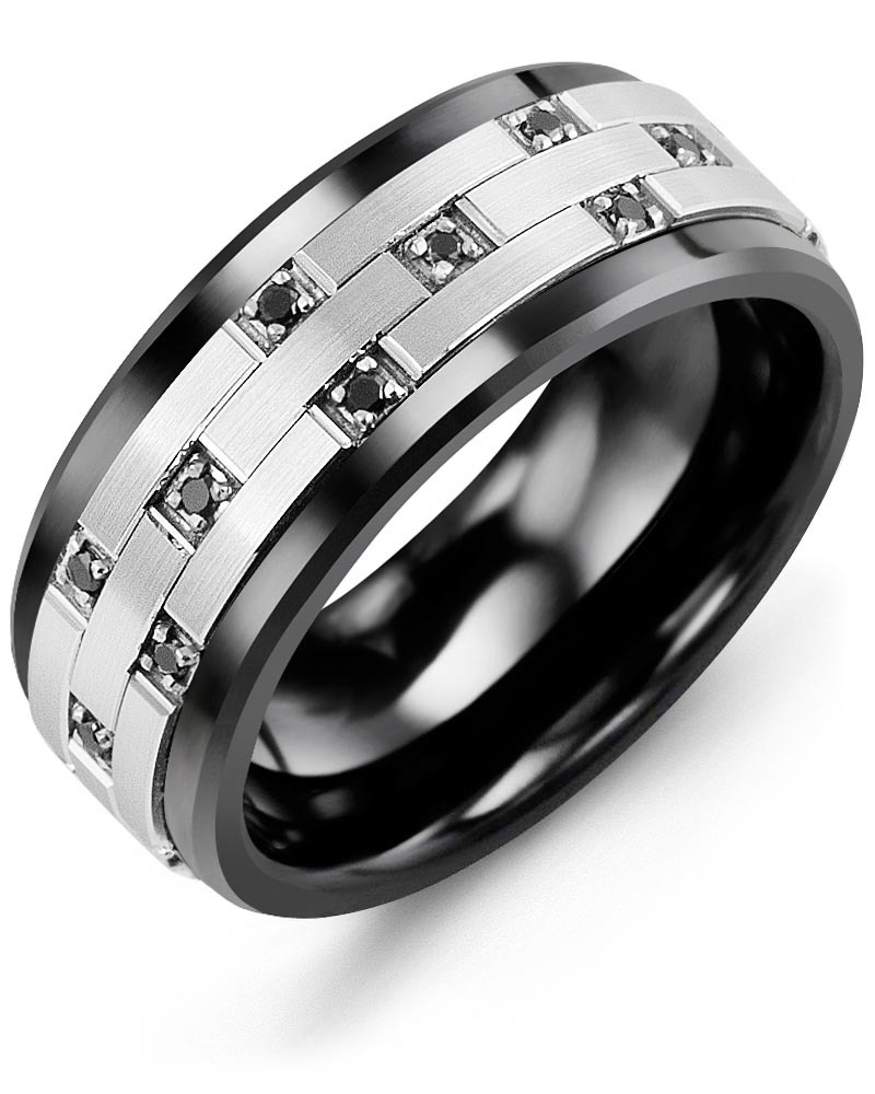 Men's & Women's Black Ceramic & White Gold + 10 Black Diamonds 0.10ct Wedding Band from MADANI Rings. Wedding bands, fashion rings, promise rings, made of Tungsten, Ceramic, Cobalt, and Gold. View the collection at madanirings.com