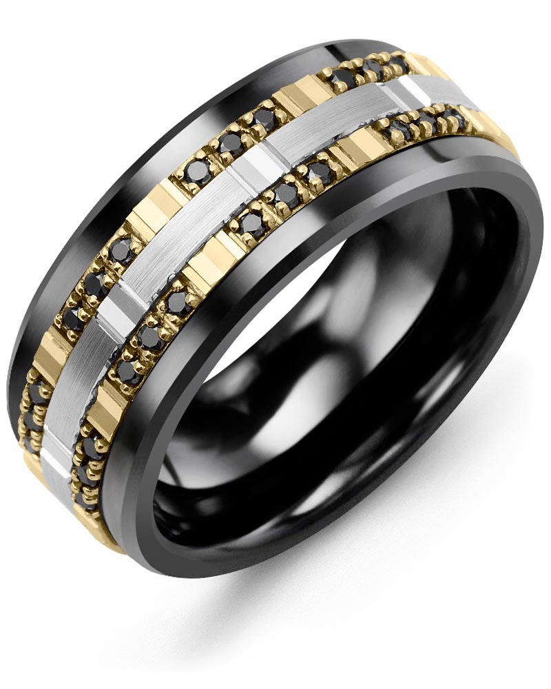 Men's & Women's Black Ceramic & Yellow/White Gold + 24 Black Diamonds 0.24ct Wedding Band