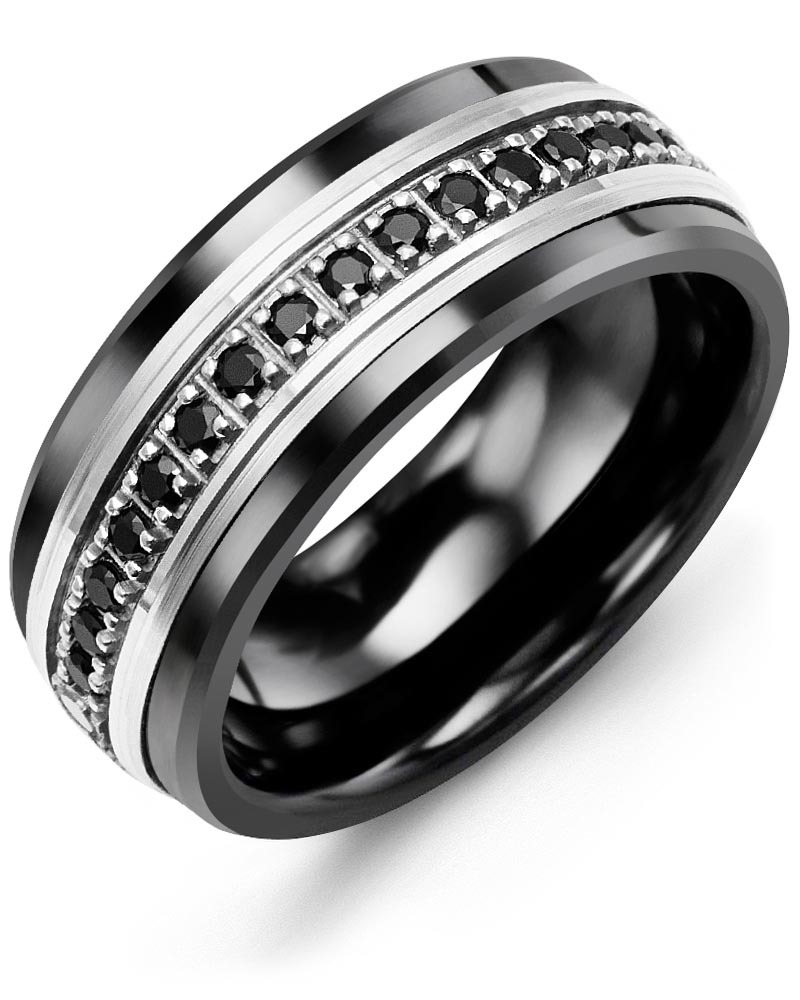 Men's & Women's Black Ceramic & White Gold + 17 Black Diamonds 0.34ct Wedding Band