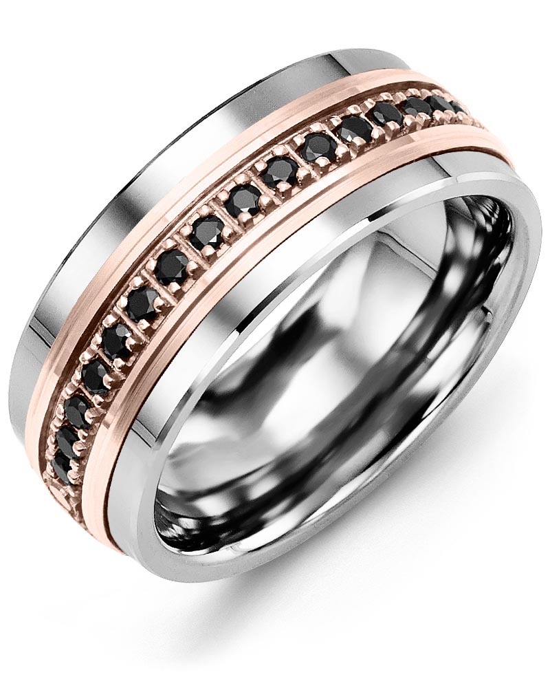 Men's & Women's Tungsten & Rose Gold + 17 Black Diamonds 0.34ct Wedding Band