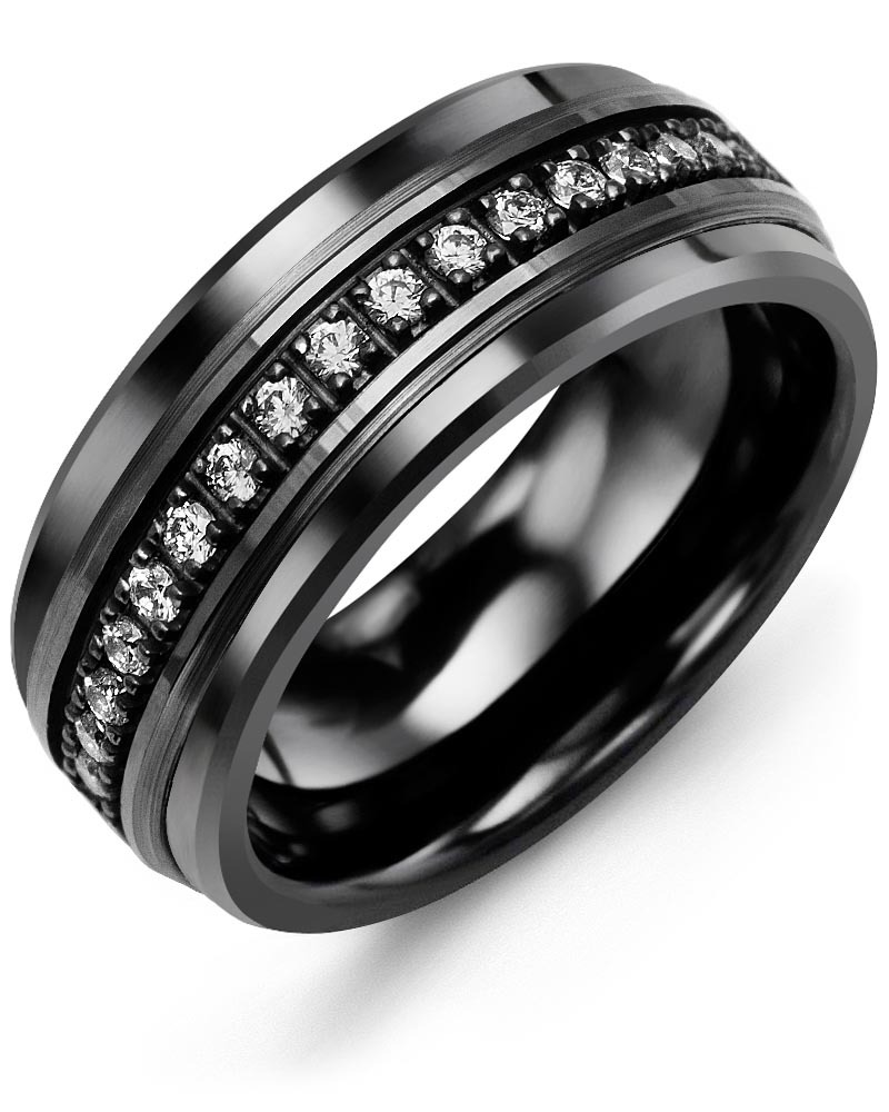 Men's & Women's Black Ceramic & Black Gold + 17 Diamonds 0.34ct Wedding Band