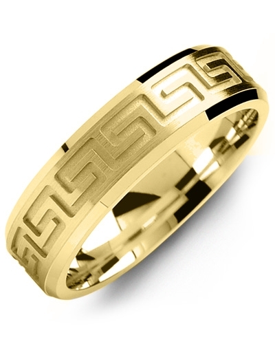 Men's Greek Pattern Beveled Edges Wedding Ring in Yellow Gold Regular 1 ...