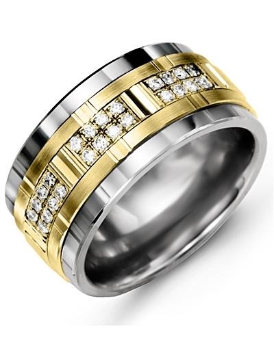 Men's Wide Grooved Diamond Wedding Ring in Tungsten Yellow Gold 11mm 24 ...