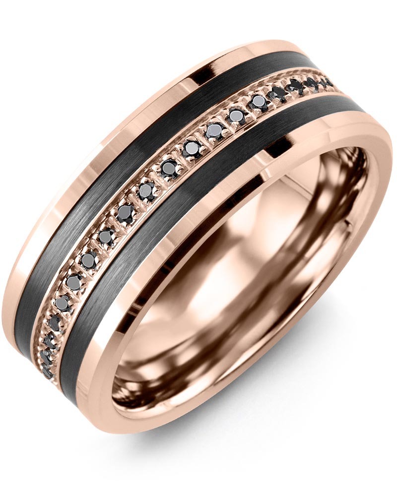 Men's & Women's Rose Gold & Black Ceramic + 21 Black Diamonds 0.21ct Wedding Band