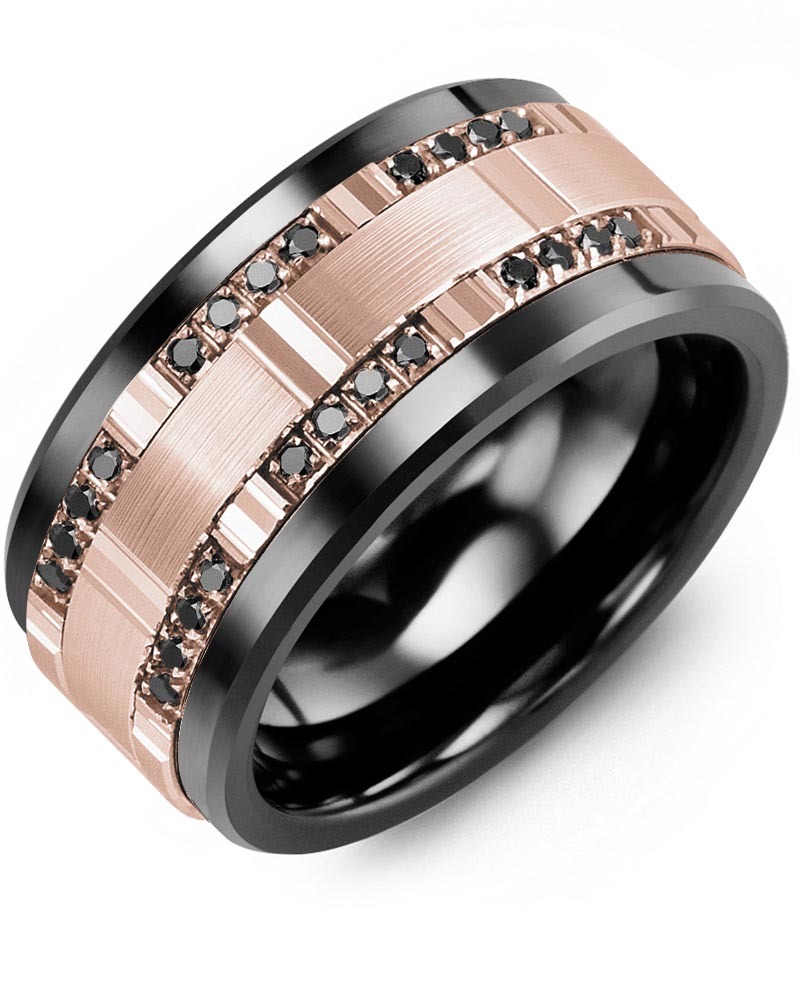 Men's & Women's Black Ceramic & Rose Gold + 24 Black Diamonds 0.24ct Wedding Band