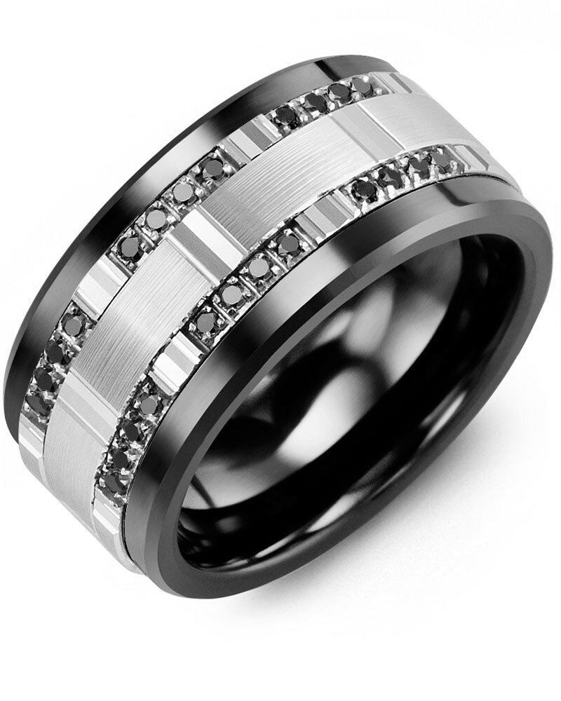 Men's & Women's Black Ceramic & White Gold + 24 Black Diamonds 0.24ct Wedding Band