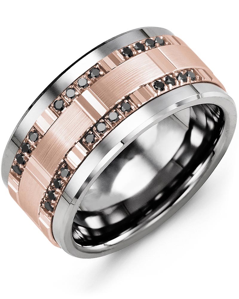 Men's & Women's Tungsten & Rose Gold + 24 Black Diamonds 0.24ct Wedding Band