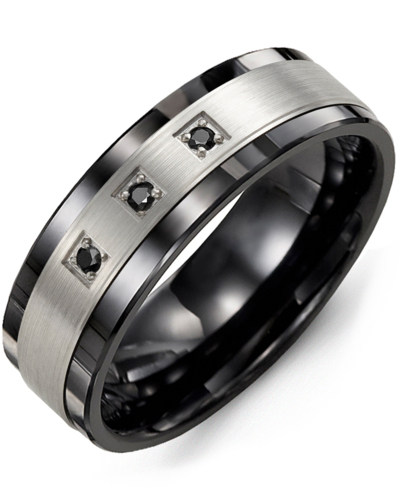 Men's & Women's Black Ceramic & White Gold + 3 Black Diamonds 0.06ct Wedding Band