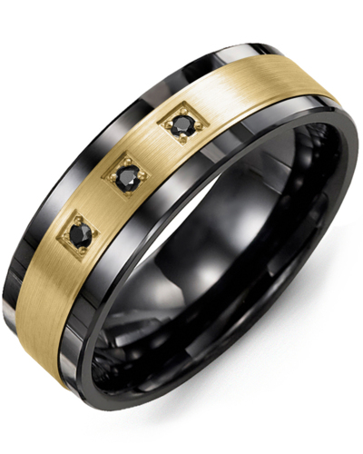 Men's & Women's Black Ceramic & Yellow Gold + 3 Black Diamonds 0.06ct Wedding Band