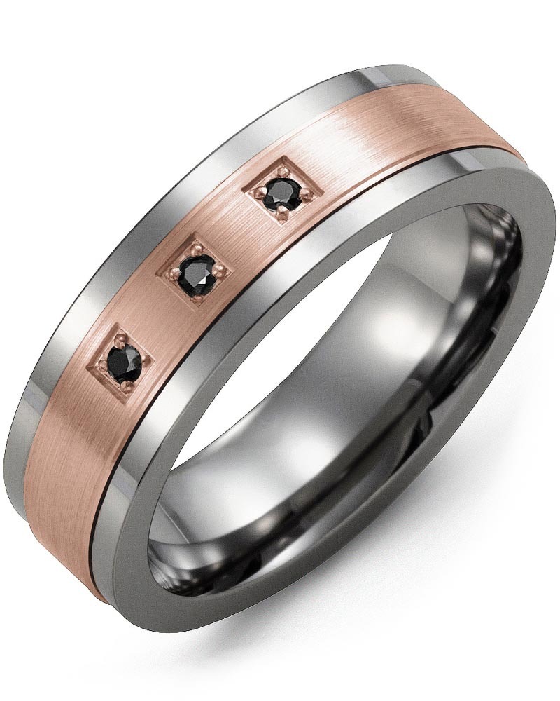 Men's & Women's Tungsten & Rose Gold + 3 Black Diamonds 0.06ct Wedding Band