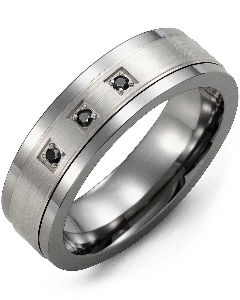 Men's & Women's Tungsten & White Gold + 3 Black Diamonds 0.06ct Wedding Band from MADANI Rings. Wedding bands, fashion rings, promise rings, made of Tungsten, Ceramic, Cobalt, and Gold. View the collection at madanirings.com