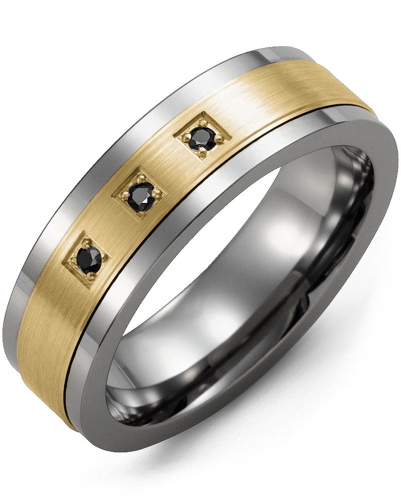 Men's & Women's Tungsten & Yellow Gold + 3 Black Diamonds 0.06ct Wedding Band