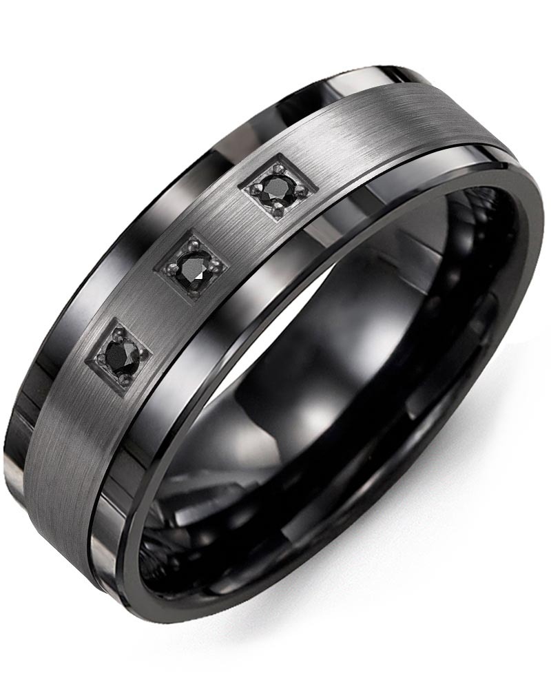 Men's & Women's Black Ceramic & Black Gold + 3 Black Diamonds 0.06ct Wedding Band from MADANI Rings. Wedding bands, fashion rings, promise rings, made of Tungsten, Ceramic, Cobalt, and Gold. View the collection at madanirings.com