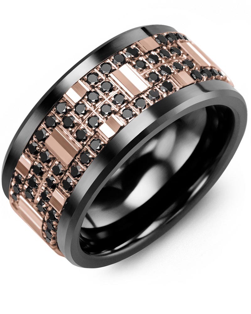 Men's & Women's Black Ceramic & Rose Gold + 56 Black Diamonds 0.56ct Wedding Band
