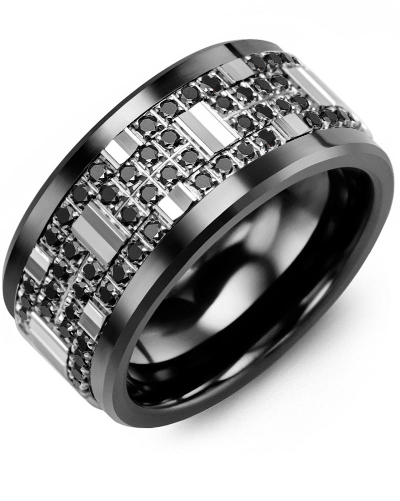 Men's & Women's Black Ceramic & White Gold + 56 Black Diamonds 0.56ct Wedding Band