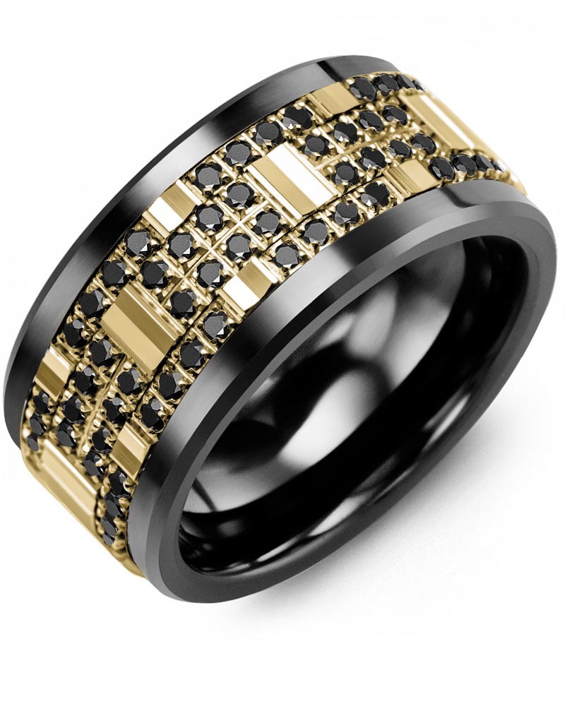 Men's & Women's Black Ceramic & Yellow Gold + 56 Black Diamonds 0.56ct Wedding Band