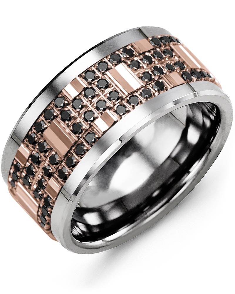 Men's & Women's Tungsten & Rose Gold + 56 Black Diamonds 0.56ct Wedding Band