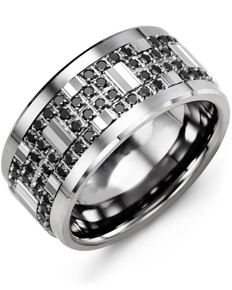 Men's & Women's Tungsten & White Gold + 56 Black Diamonds 0.56ct Wedding Band from MADANI Rings. Wedding bands, fashion rings, promise rings, made of Tungsten, Ceramic, Cobalt, and Gold. View the collection at madanirings.com