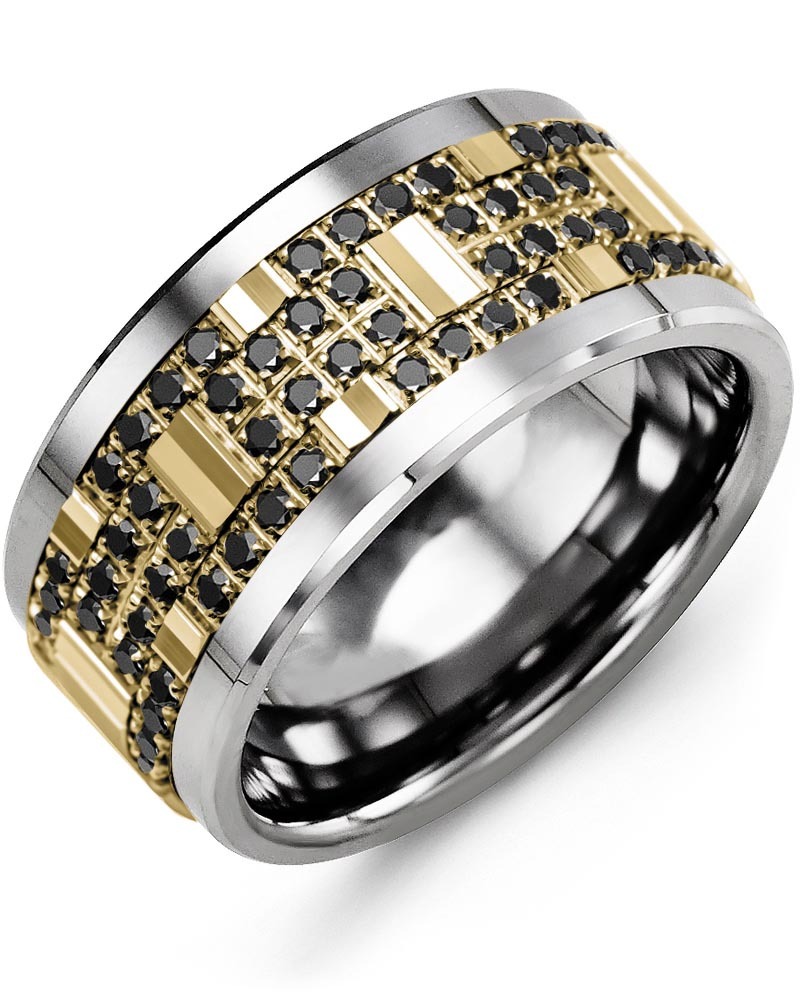 Men's & Women's Tungsten & Yellow Gold + 56 Black Diamonds 0.56ct Wedding Band