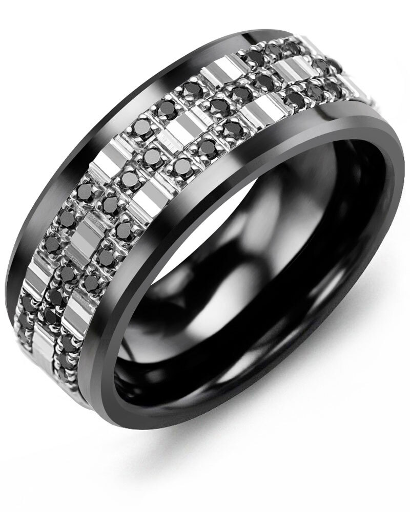 Men's & Women's Black Ceramic & White Gold + 42 Black Diamonds 0.42ct Wedding Band