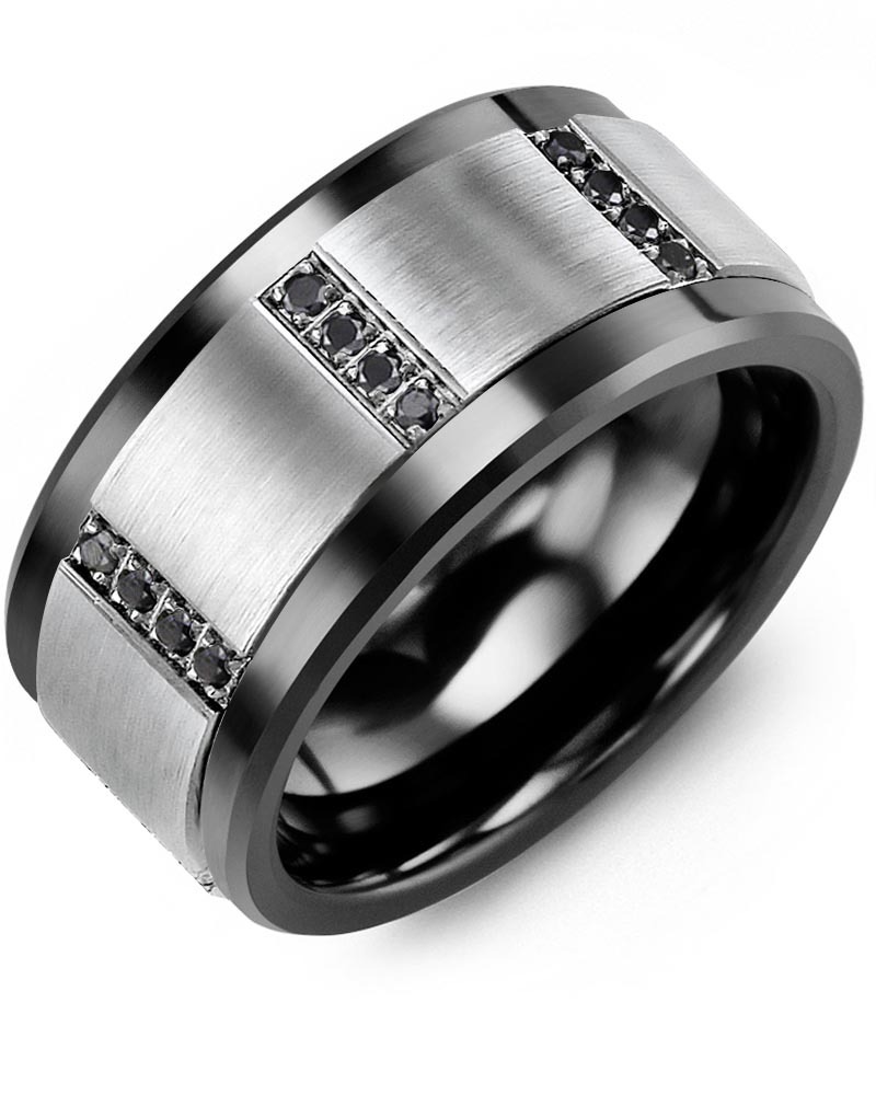 Men's & Women's Black Ceramic & White Gold + 16 Black Diamonds 0.16ct Wedding Band