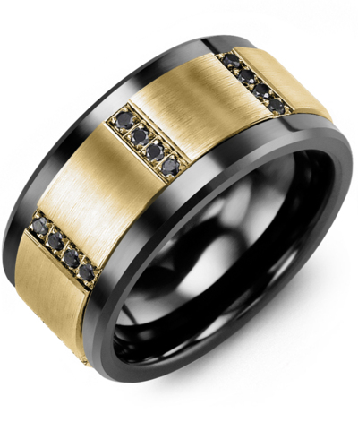 Men's & Women's Black Ceramic & Yellow Gold + 16 Black Diamonds 0.16ct Wedding Band