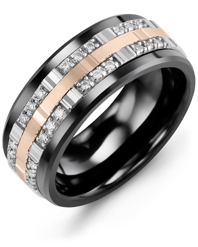 Men's & Women's Black Ceramic & White/Rose Gold + 24 Lab Grown Diamonds 0.24ct Wedding Band