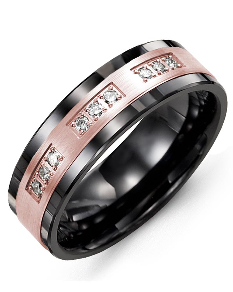 Men's & Women's Black Ceramic & Rose Gold + 9 Lab Grown Diamonds 0.18ct Wedding Band