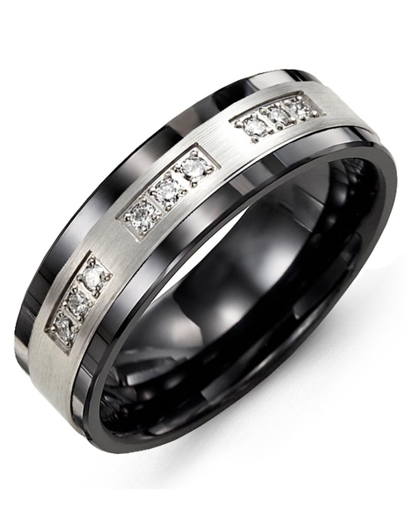 Men's & Women's Black Ceramic & White Gold + 9 Lab Grown Diamonds 0.18ct Wedding Band