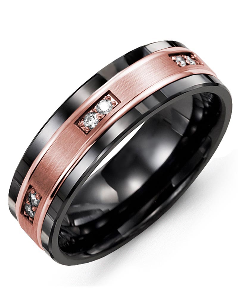 Men's & Women's Black Ceramic & Rose Gold + 12 Lab Grown Diamonds 0.24ct Wedding Band