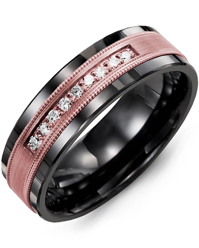 Men's & Women's Black Ceramic & Rose Gold + 9 Lab Grown Diamonds 0.18ct Wedding Band