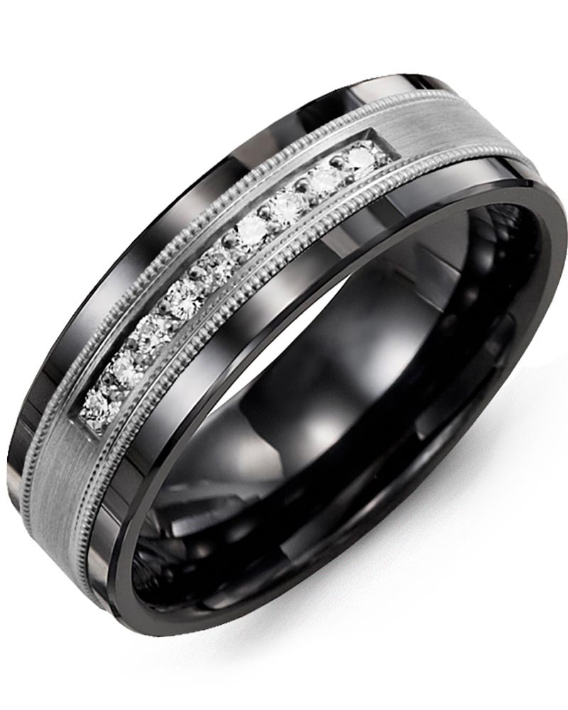 Men's & Women's Black Ceramic & White Gold + 9 Lab Grown Diamonds 0.18ct Wedding Band