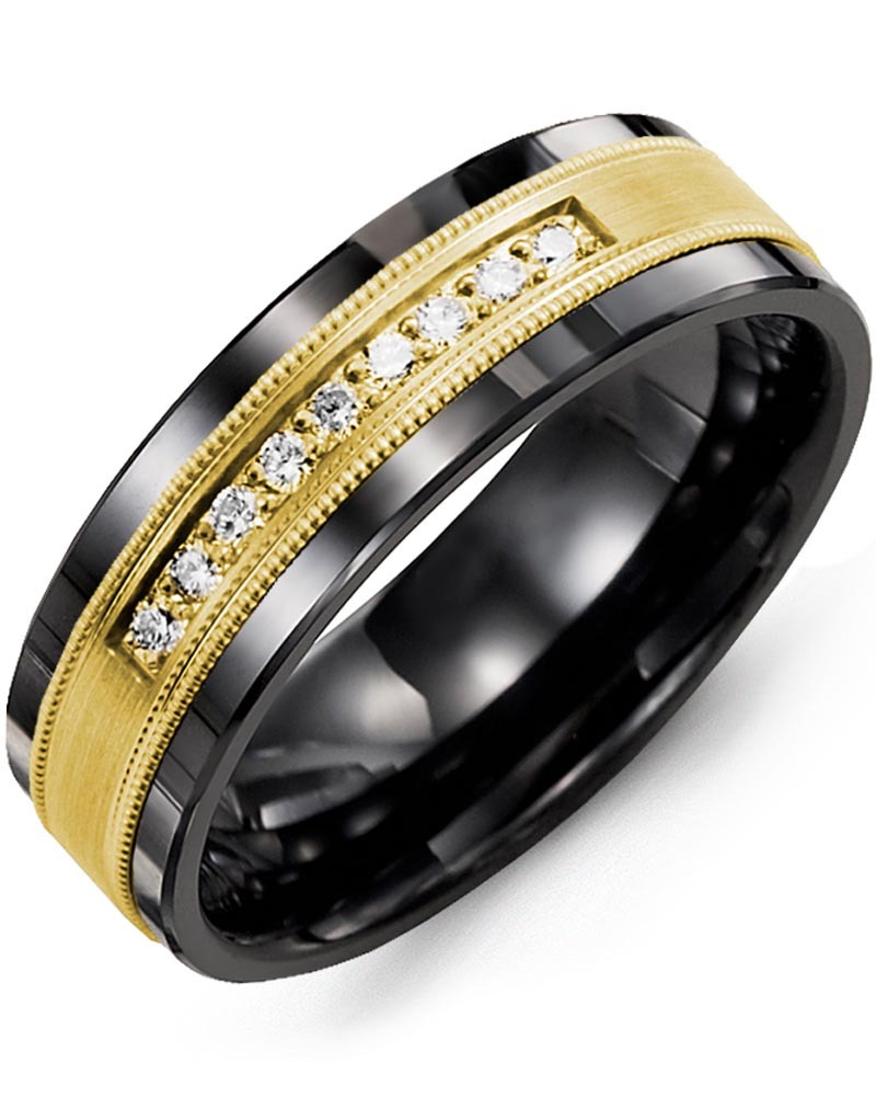 Men's & Women's Black Ceramic & Yellow Gold + 9 Lab Grown Diamonds 0.18ct Wedding Band