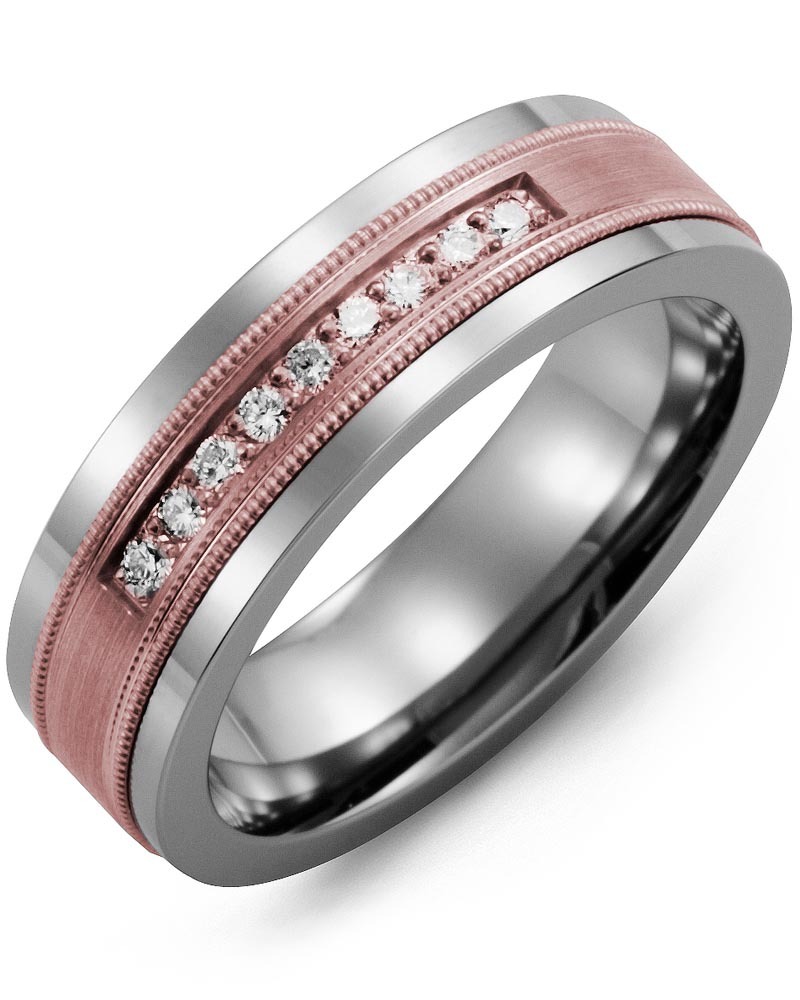 Men's & Women's Tungsten & Rose Gold + 9 Lab Grown Diamonds 0.18ct Wedding Band