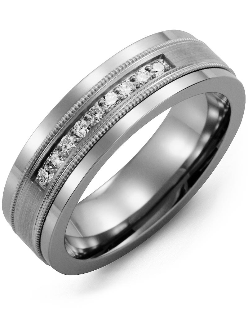 Men's & Women's Tungsten & White Gold + 9 Lab Grown Diamonds 0.18ct Wedding Band