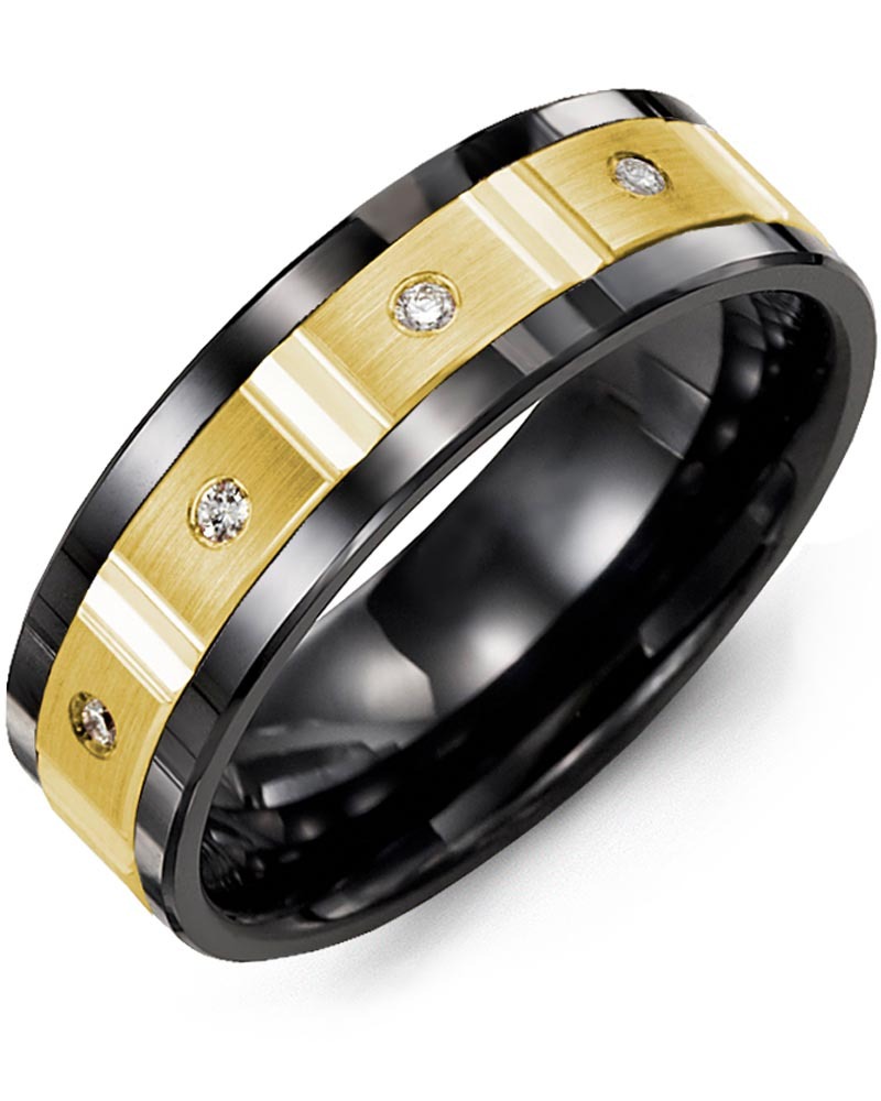Men's & Women's Black Ceramic & Yellow Gold + 4 Lab Grown Diamonds 0.08ct Wedding Band