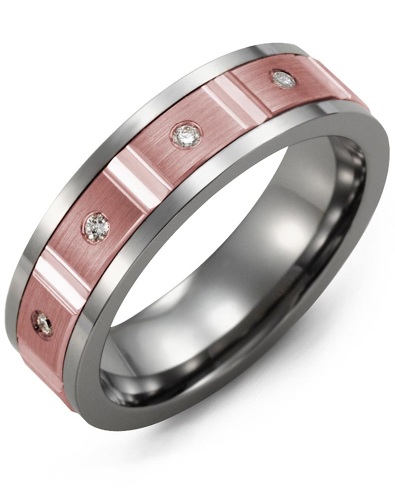 Men's & Women's Tungsten & Rose Gold + 4 Lab Grown Diamonds 0.08ct Wedding Band
