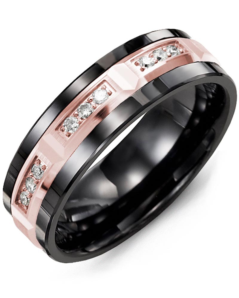 Men's & Women's Black Ceramic & Rose Gold + 9 Lab Grown Diamonds 0.18ct Wedding Band