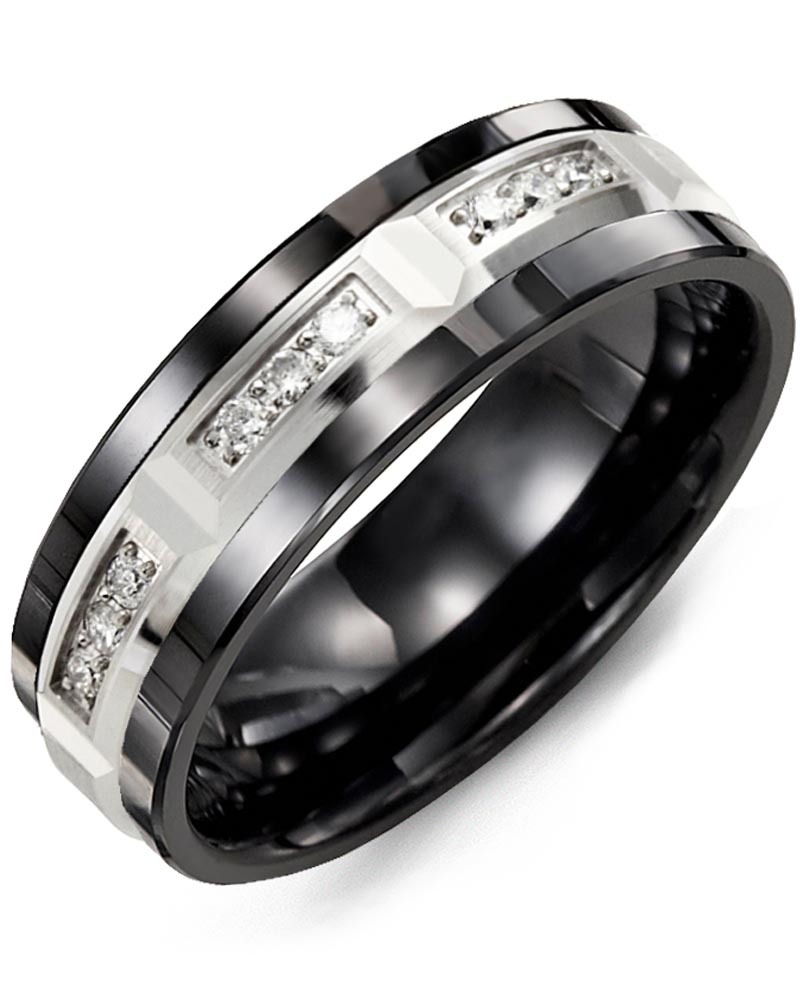 Men's & Women's Black Ceramic & White Gold + 9 Lab Grown Diamonds 0.18ct Wedding Band
