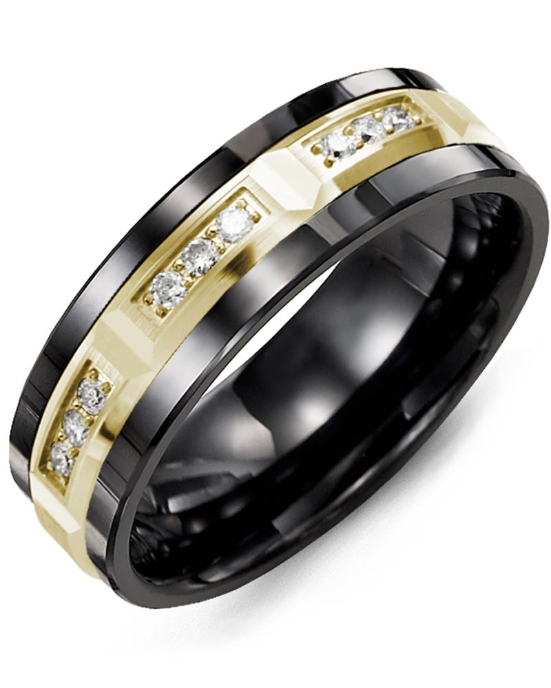 Men's & Women's Black Ceramic & Yellow Gold + 9 Lab Grown Diamonds 0.18ct Wedding Band