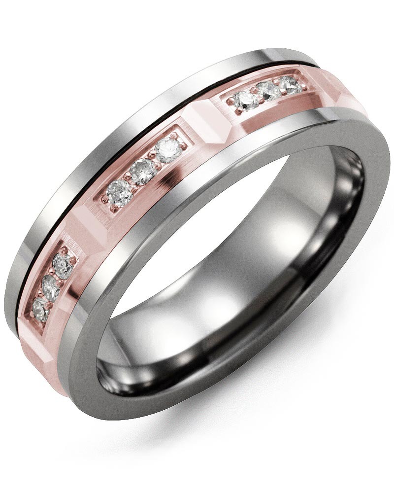Men's & Women's Tungsten & Rose Gold + 9 Lab Grown Diamonds 0.18ct Wedding Band