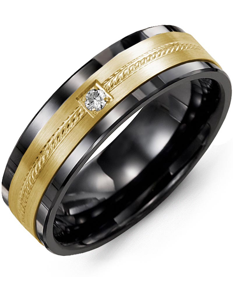 Men's & Women's Black Ceramic & Yellow Gold + 1 Lab Grown Diamond 0.05ct Wedding Band