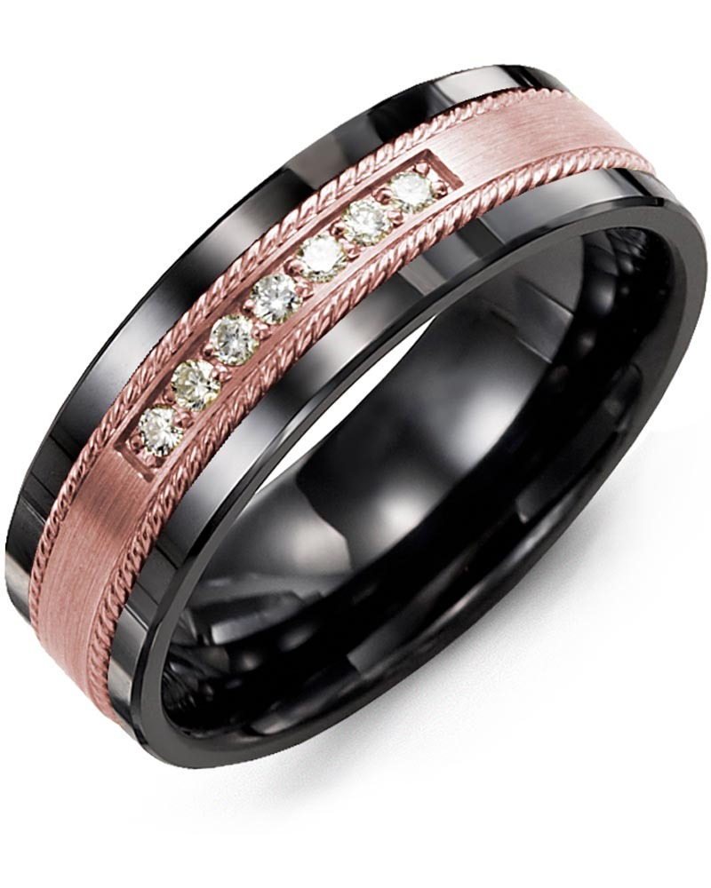 Men's & Women's Black Ceramic & Rose Gold + 7 Lab Grown Diamonds 0.14ct Wedding Band