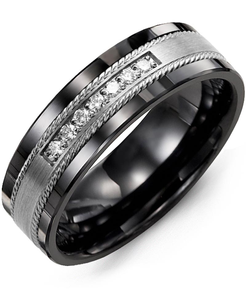 Men's & Women's Black Ceramic & White Gold + 7 Lab Grown Diamonds 0.14ct Wedding Band