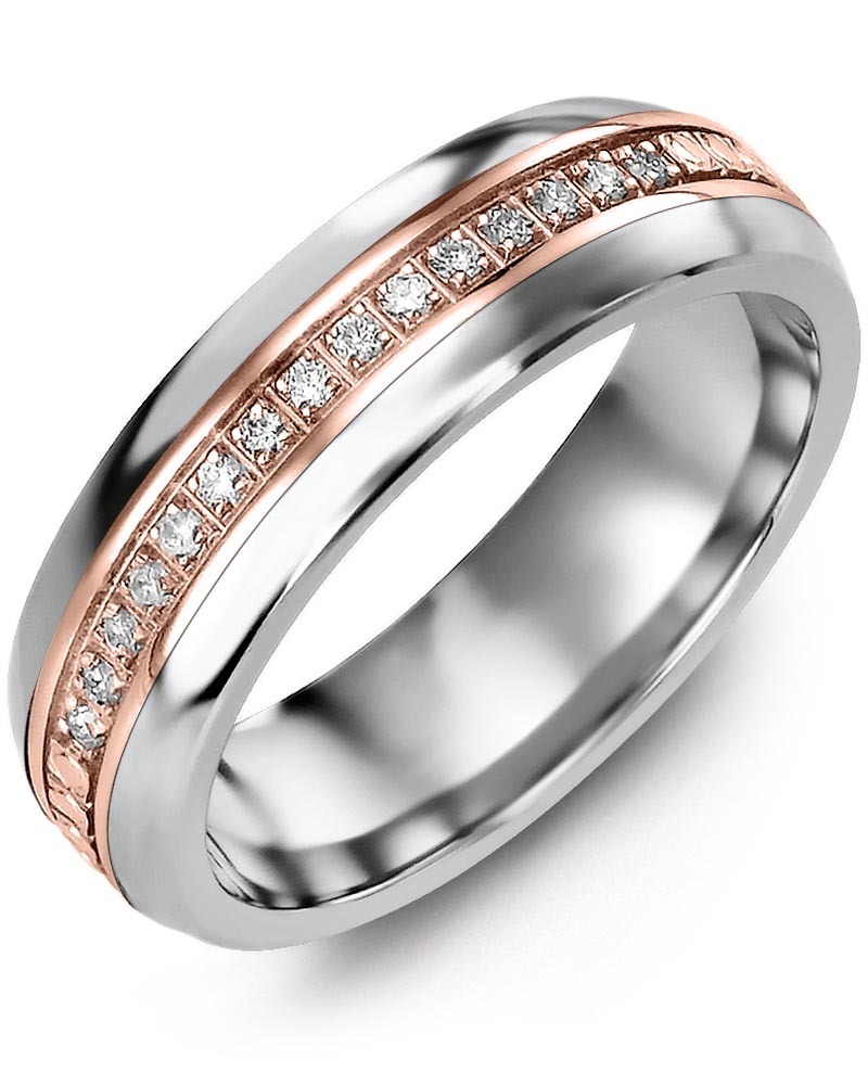 Men's & Women's Tungsten Half Round & Rose Gold + 21 Lab Grown Diamonds 0.21ct Wedding Band
