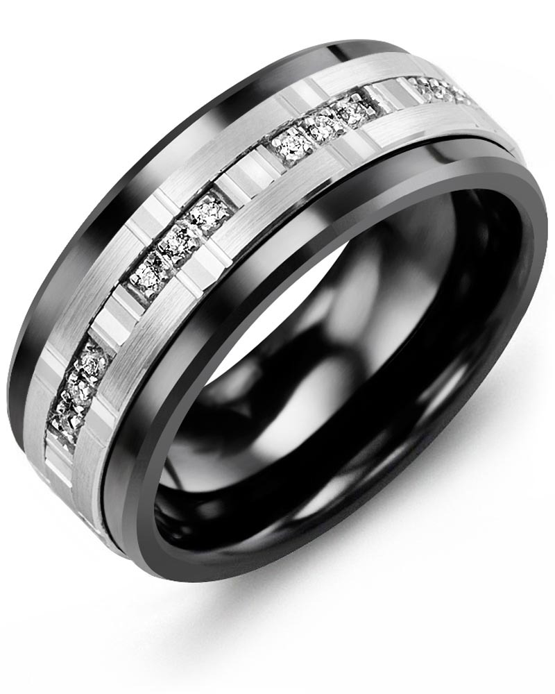 Men's & Women's Black Ceramic & White Gold + 12 Lab Grown Diamonds 0.12ct Wedding Band