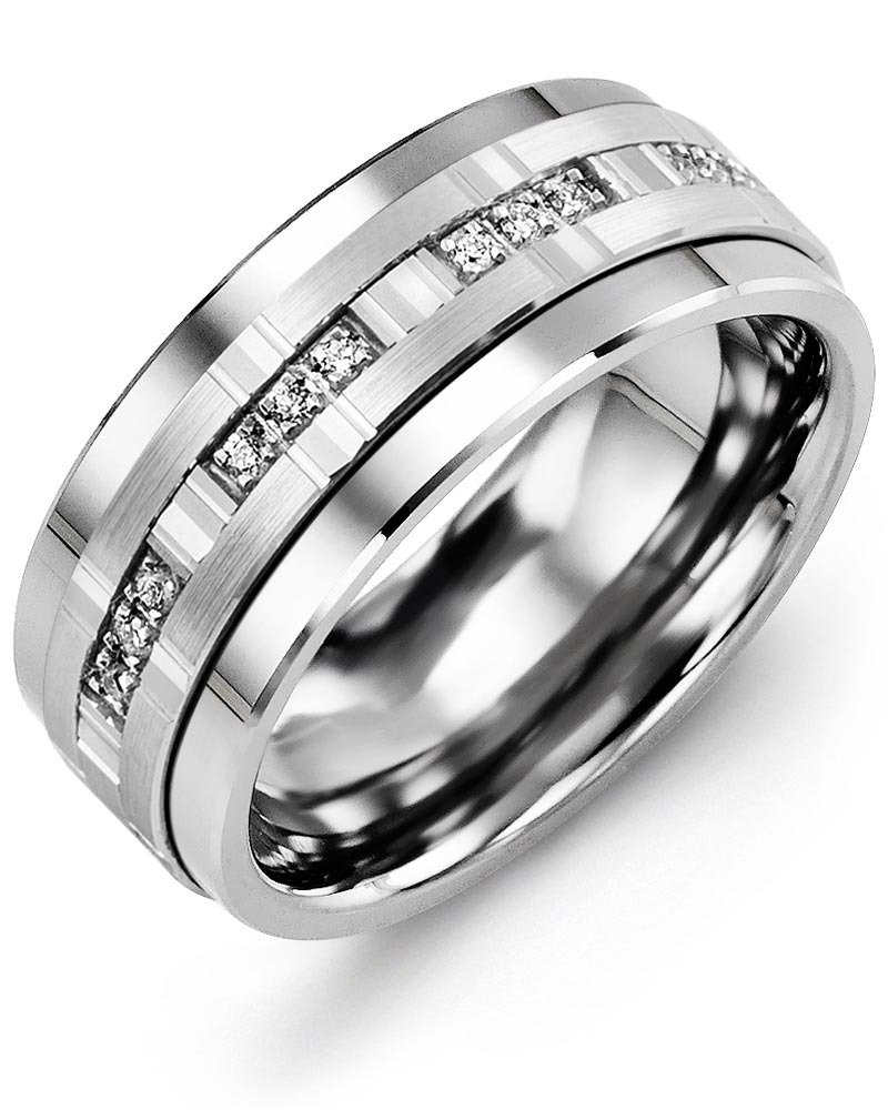 Men's & Women's Tungsten & White Gold + 12 Lab Grown Diamonds 0.12ct Wedding Band