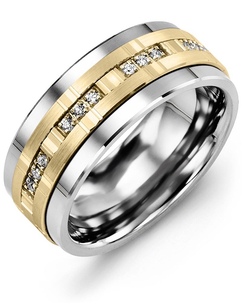 Men's & Women's Tungsten & Yellow Gold + 12 Lab Grown Diamonds 0.12ct Wedding Band