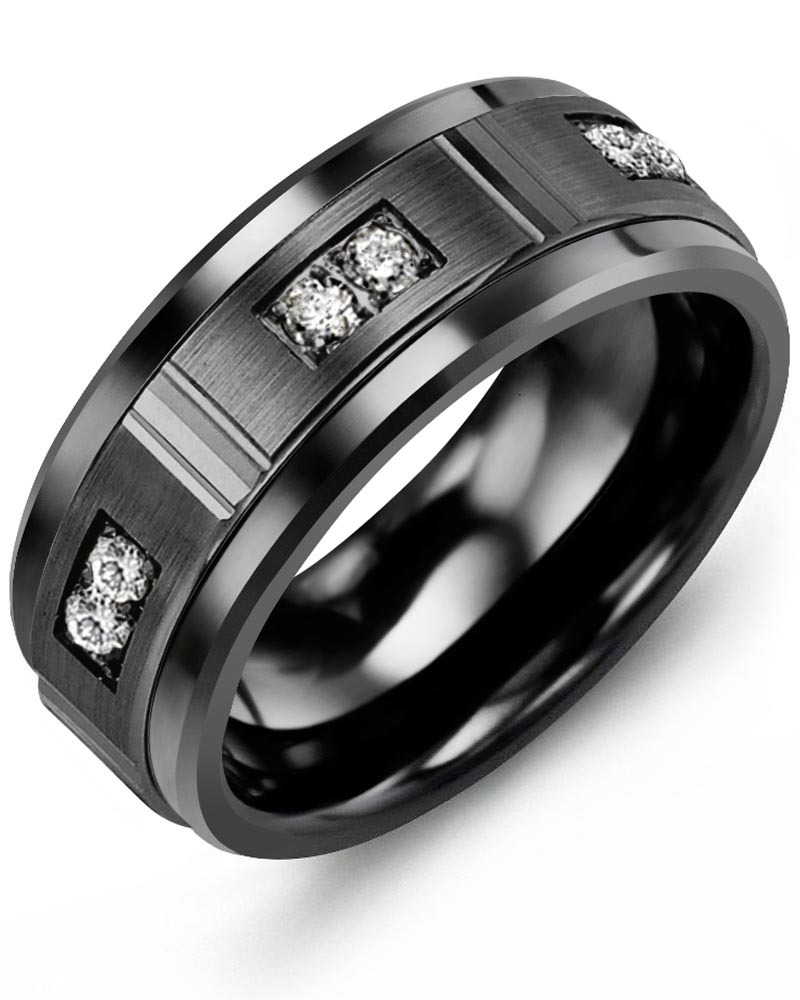 Men's & Women's Black Ceramic & Black Gold + 6 Lab Grown Diamonds 0.18ct Wedding Band