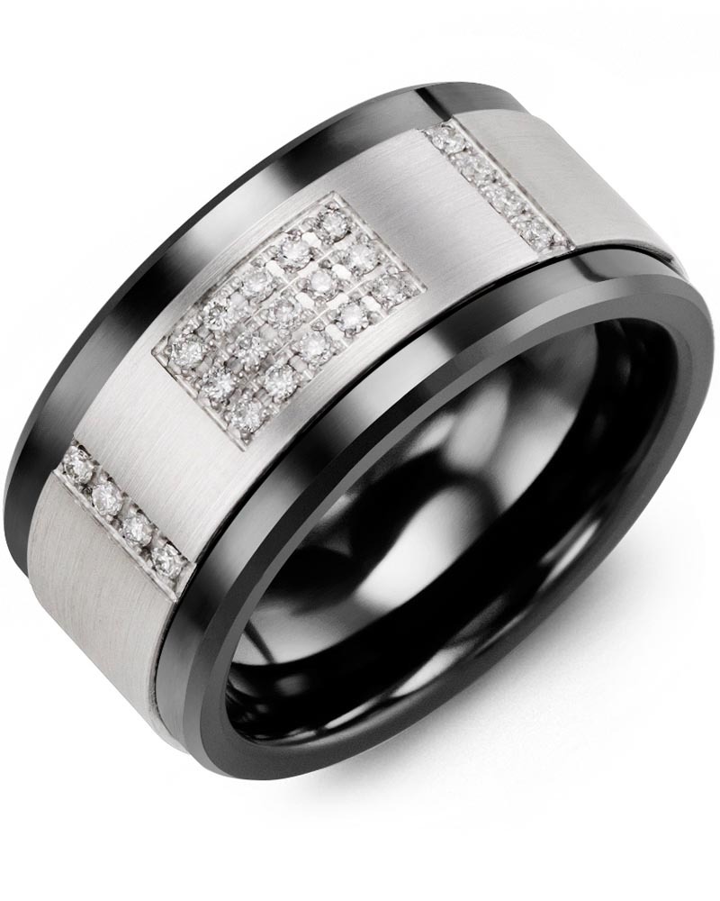 Men's & Women's Black Ceramic & White Gold + 23 Lab Grown Diamonds 0.23ct Wedding Band